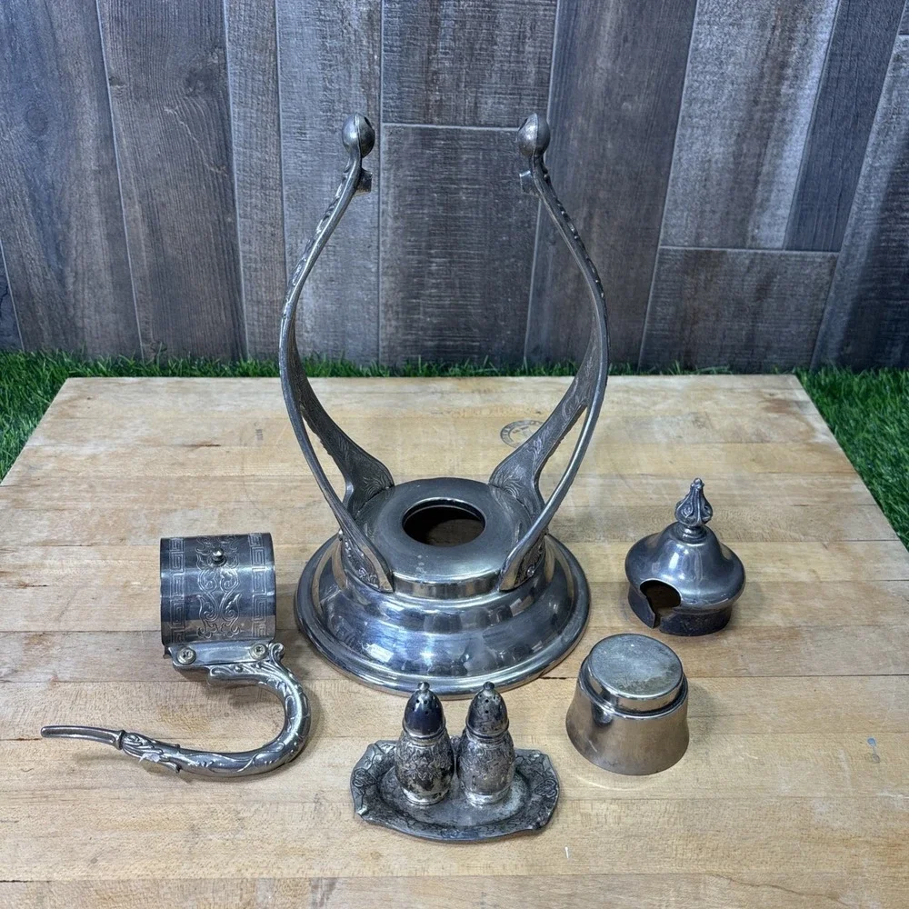 Vintage Silver Plated Carafe Warming Stand Parts Lot Victorian Art Nouveau Decor